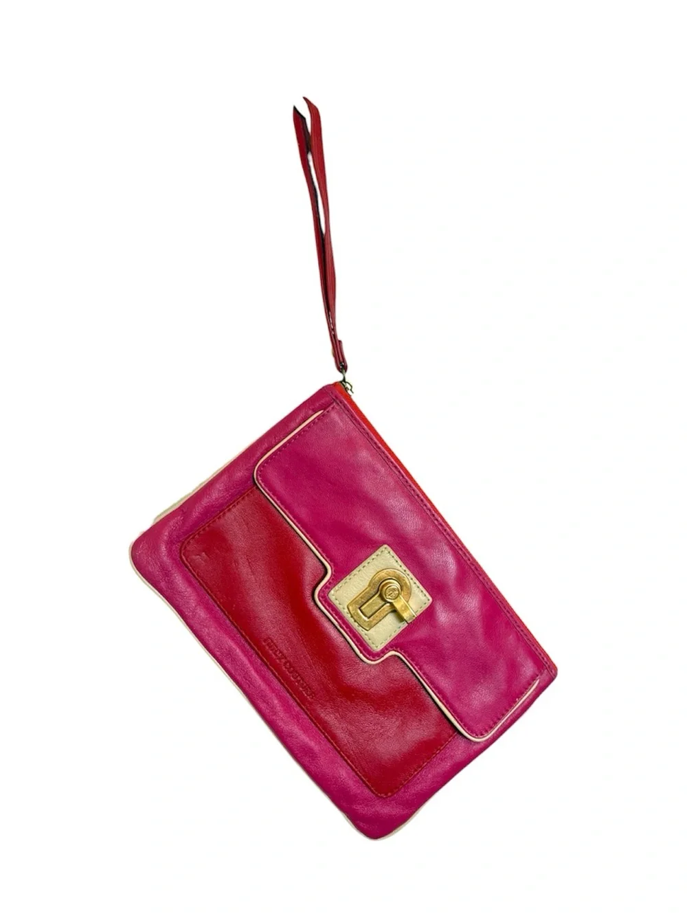Y2K Juicy Couture Pink and Red Leather Wristlet Clutch with Gold Hardware